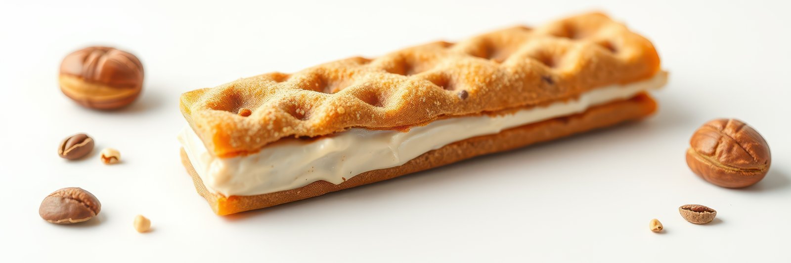 Crispy wafer dessert filled with creamy vanilla and surrounded by coffee beans on a white background